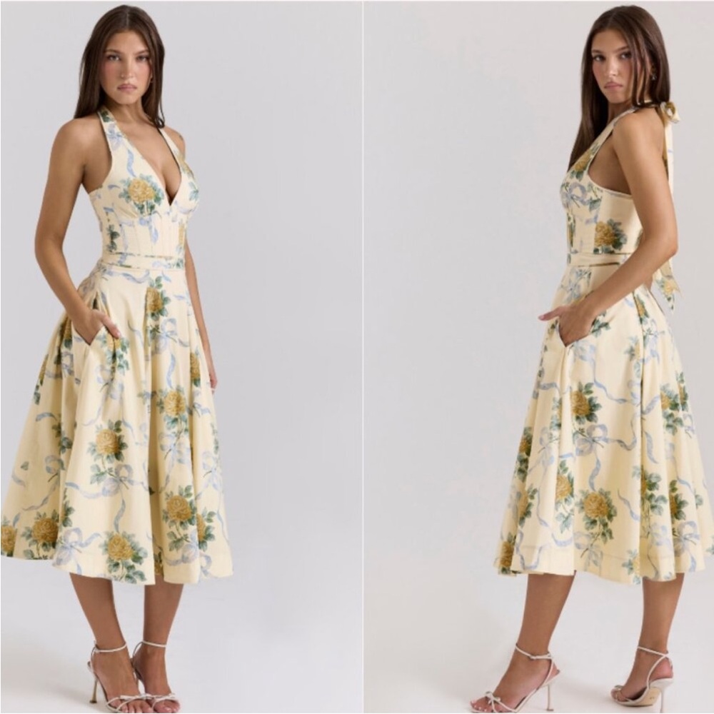 House of CB Allena lemon ribbon stretch cotton halter midi sundress - Picture 2 of 10
